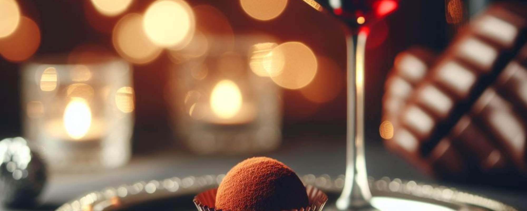 weinglas mit rotwein und schokoladen praline auf einem silbernen teller mit gelben lichtern im Hintergrund
