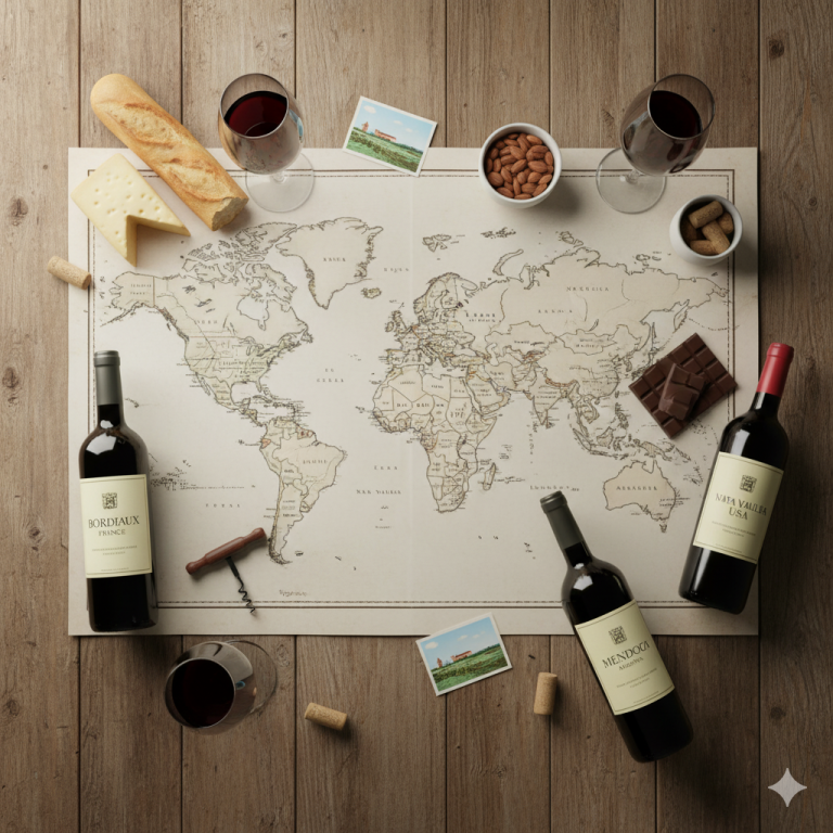 Karte der Welt mit Weinflaschen, Käse, Brot und Snacks auf einem Holztisch.