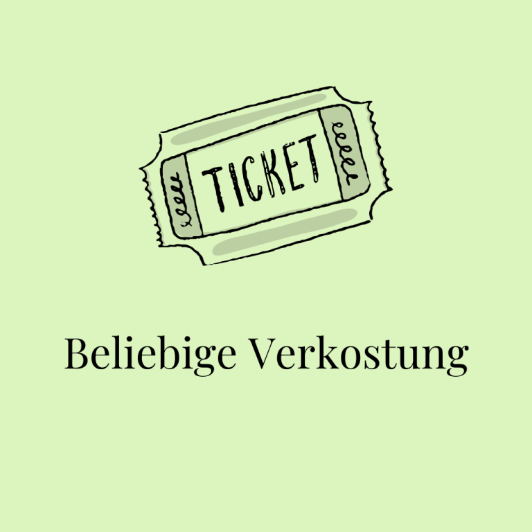 Eine Eintrittskarte für eine beliebige Verkostung, grün illustriert mit dem Wort 'Ticket' auf der Karte